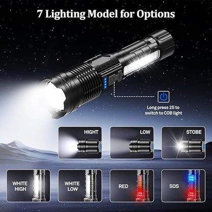 Rechargeable Flashlight high lumens with Clip Waterproof Police Flashlights, Zoomable Beam LED Flash Light with 7 Modes and SOS for Emergencies, Home, Camping, Hiking, Pet Walking (Black)