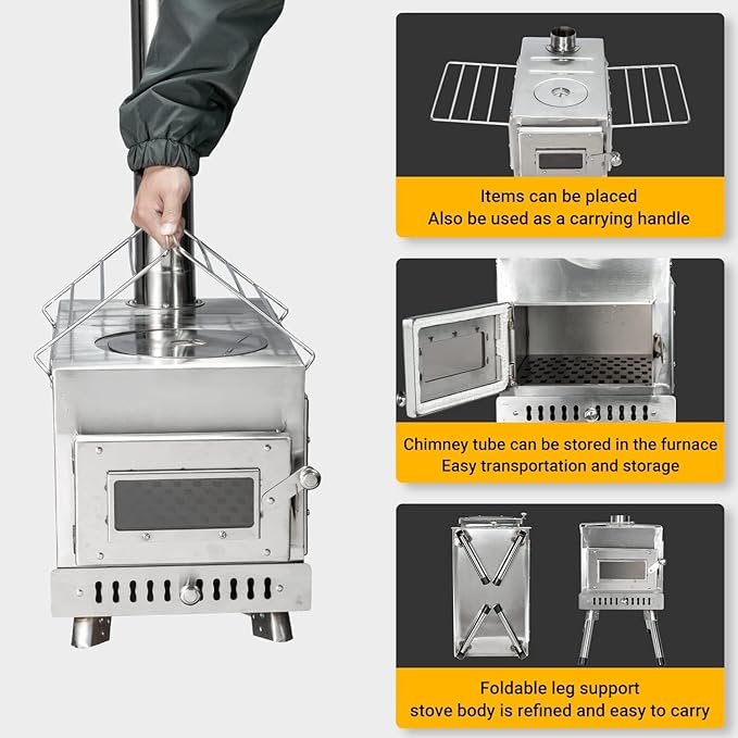 Outdoor Camping Stove Camp Tent Stove, Portable Wood Burning Stove with Chimney Pipe for Tent, Shelter, Camping Heating and Cooking (Pipe Diameter: 2.95")