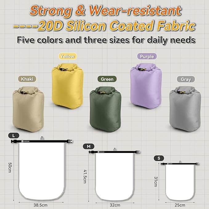 HIKEMAN Dry Bag Waterproof - Ultralight Dry Sack,Outdoor Roll Top Drybags,3-Pack Stuff Sack for Travel,Swimming,Rafting,Boating,Kayaking,Camping,Beach (Grey)