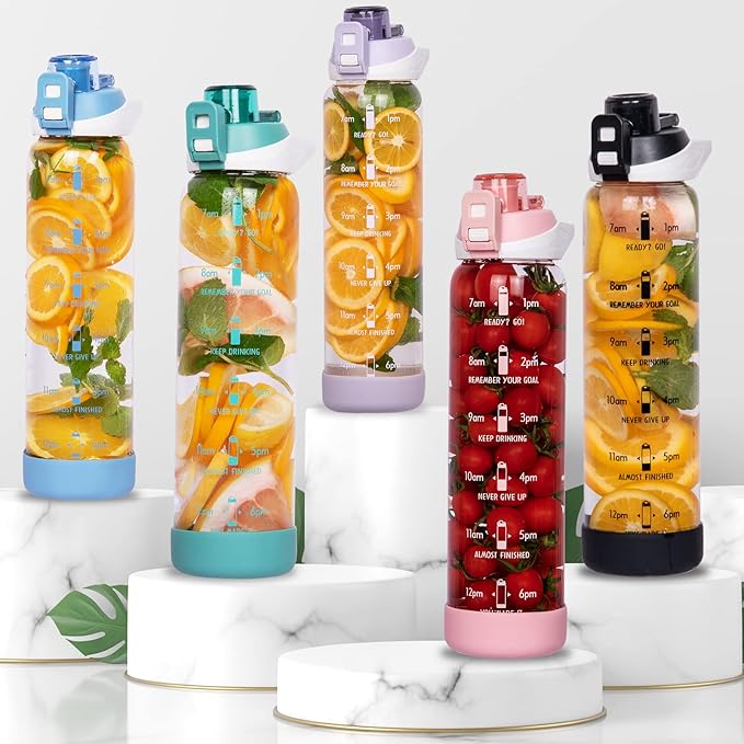 32 oz Sports Glass Water Bottle with Straw and Time Marker, Large Resuable Motivational Glass Drinking Bottle for Infused Water, Fruit, Smoothie, Coffee