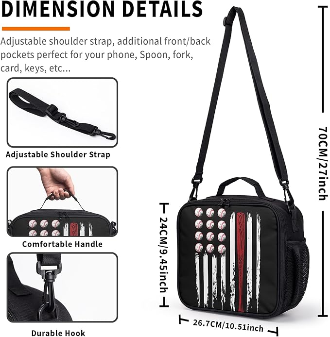 Sport Baseball Pattern Lunch Bag American Flag Baseball Lunch Boxes for Women/Man Office Work Travel School Work Picnic Durable Reusable Insulated Large Lunch Tote Bag with Adjustable Shoulder Strap