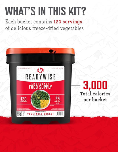 ReadyWise, 120 Servings, Vegetable Bucket, Broccoli, Sweet Corn, Green Beans, Peas, Freeze Dried, 20 Years Shelf Life, Emergency Food