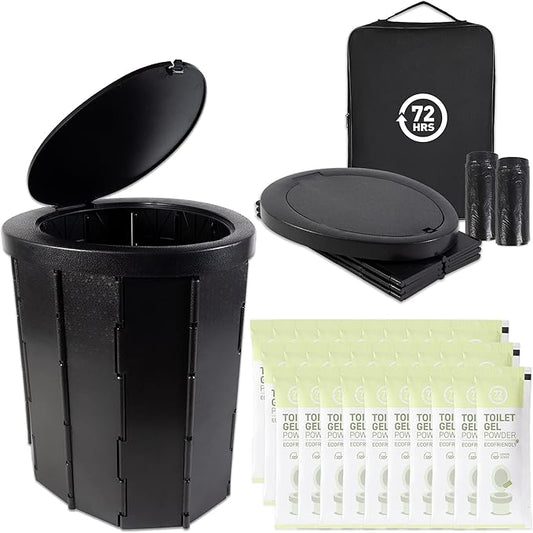 72HRS Portable Collapsible Toilet for Camping, 15.8" Extra Large Camping Toilets Portable Potty, Lightweight and Sturdy, Camp Toilet (With 30 Toilet Bags & 30 Toilet Powers)