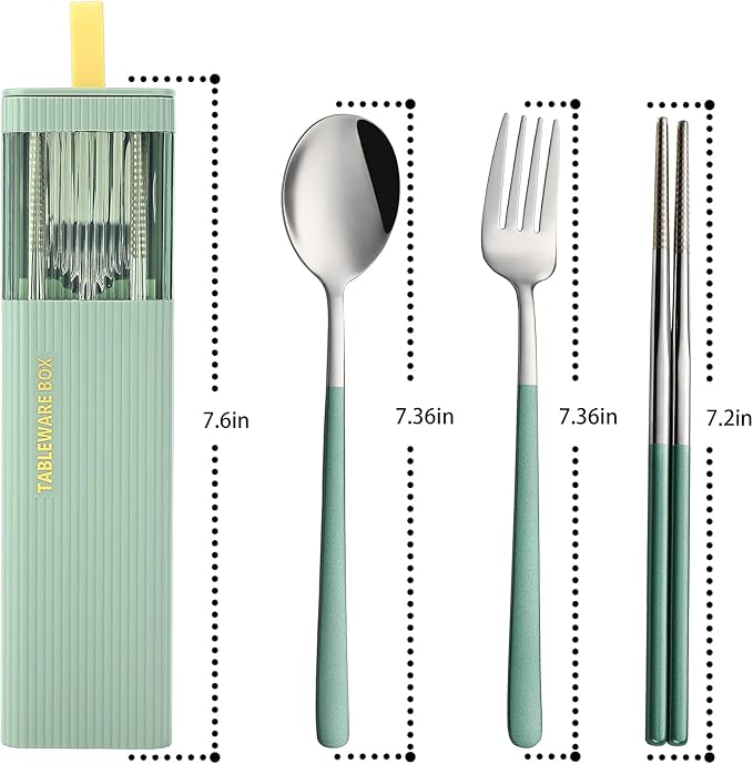 DEVICO Travel Utensils with Case, Stainless Steel Reusable Camping Silverware Set for Lunch Box, Portable Cutlery Kit Includes Fork, Spoon, Chopsticks (Green)