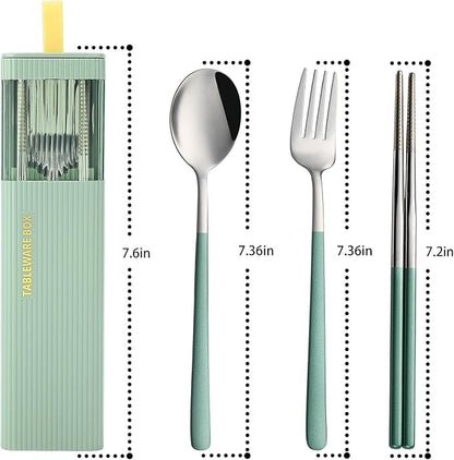 DEVICO Travel Utensils with Case, Stainless Steel Reusable Camping Silverware Set for Lunch Box, Portable Cutlery Kit Includes Fork, Spoon, Chopsticks (Green)