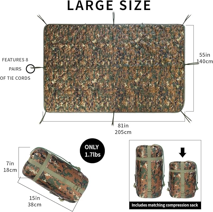 Woobie Blanket, Army Poncho Liner with Zipper, Military Sleeping Bag, with A Compression Carrying Bag, for Hiking, Camping, Outdoor Survival