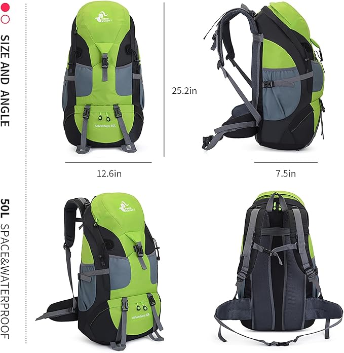 Bseash 50L Hiking Backpack, Water Resistant Lightweight Outdoor Sport Daypack Travel Bag for Camping Climbing Touring (Green - No Shoe Compartment)