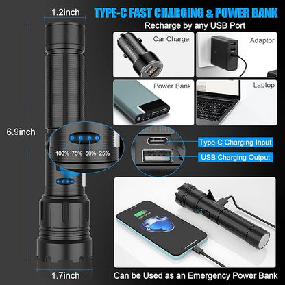 LED Magnetic Flashlight High Lumens Rechargeable, 10000 Lumens Super Bright Small Tactical Flashlights with COB Work Light, Type C, Zoomable, 7 Modes, IPX7 Waterproof Handheld Flashlights for Camping