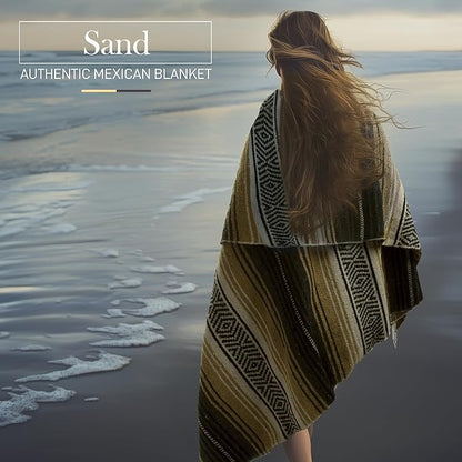 Authentic Large Handwoven Mexican Blanket - Soft Yoga Blanket - Durable Serape Blanket - Lightweight Falsa Blanket, Beach Blanket, Camping Blanket, Picnic Blanket, Outdoor Blanket 70"x50" - Sand