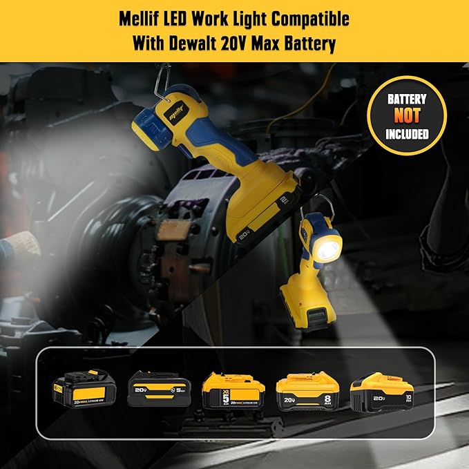 Mellif LED Work Light, Portable Flashlight for Dewalt 20V Max Battery (NOT Included), 90 Degree Pivoting Head, 110/280 Lumens of Brightness, Cordless, Zoomable, Jobsite (Yellow & Blue, L-Shape)