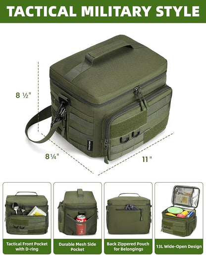 Tactical Lunch Box, RalChyez 13L Large Insulated Lunch Bag MOLLE Webbing Leakproof Thermal Cooler with Shoulder Strap Lunch Pail for Adult Men Women Office Work Camping Picnic Travel Green