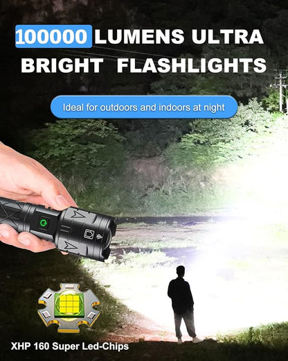 Rechargeable Flashlights High Lumens, Super Bright Flashlight 100000 Lumens, Powerful Tactical Flashlights, 5 Modes, Zoomable, IPX5 Waterproof, Handheld XHP160 LED Flashlight for Emergency Camping