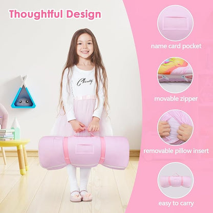 Kids Sleeping Bag Toddler Nap Mat with Removable Pillow, Large Foldable Sleeping Bag for Girls Boys, Easy Clean Slumber Bag with Double Zip for Camping School Preschool Daycare, 59×24 inch
