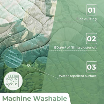 KingCamp Lightweight Camping Blanket - Puffy Printed Warm Camping Quilt with Snap Button - Portable for Travel, Hiking, Stadium, Airplane - 79" x 57" - Green