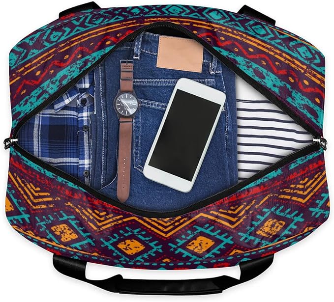 Sports Gym Bag Western Ethnic Aztec Travel Duffel Bag Waterproof Lightweight Swim Bag Travel Tote Luggage Weekender Overnight Handbag Workout Bag with Shoes Compartment for Women Men