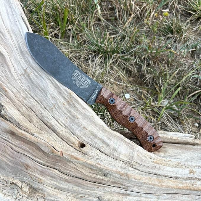 ESEE James Gibson Designed JG5 Nessmuk Fixed Blade Knife w/Sculpted Micarta Handles, Black Oxide Finish, and Brown Leather Pouch Sheath (Brown Sculpted Burlap Micarta)