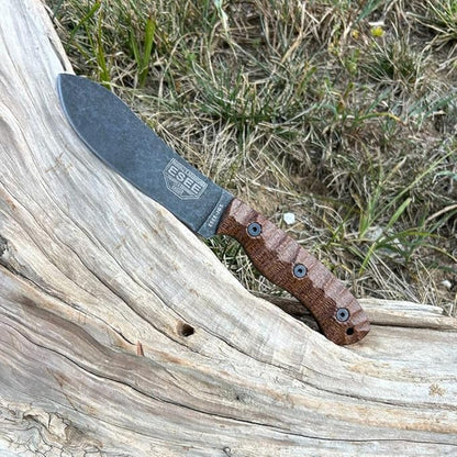 ESEE James Gibson Designed JG5 Nessmuk Fixed Blade Knife w/Sculpted Micarta Handles, Black Oxide Finish, and Brown Leather Pouch Sheath (Brown Sculpted Burlap Micarta)