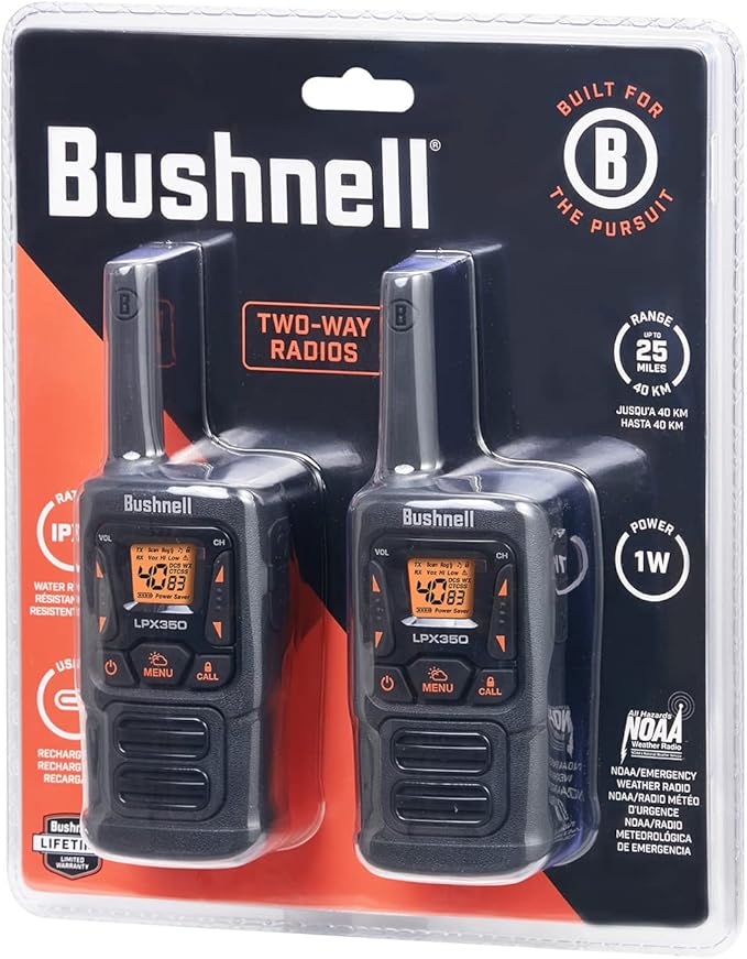 New Bushnell LPX350 Walkie Talkie Radio - Reliable Quality, Rugged Design, 1W Power for 25 Miles of Range, Two Way Radios Equipped for Wherever Life Takes You (2 Pack)