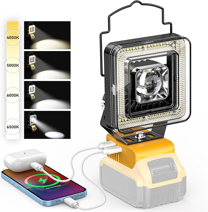 LED Work Light for Dewalt 20v Max Battery, 60W Cordless LED Flood Light with 4 Color Temperature, Portable Spotlight, Flashlights High Lumens with USB/Type-C Charging Ports for Workshop, Garage
