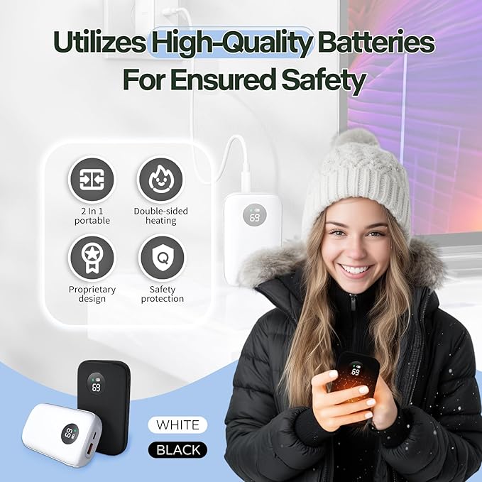 Hand Warmers Rechargeable,9600mAh Portable Pocket Heater Power Bank,10 Hours of Warmth,Dual-Sided Heating,Reusable,20W Fast Charging
