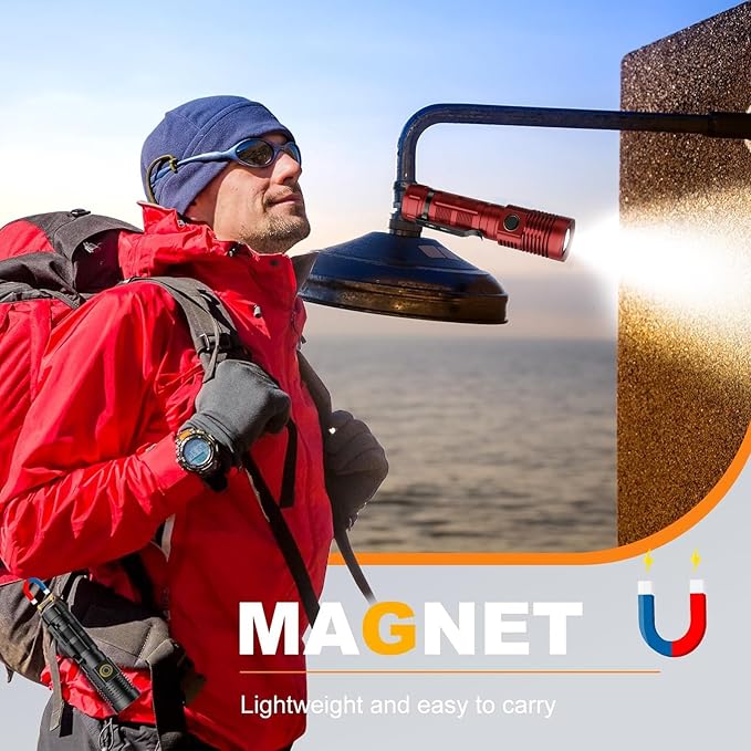 Small Tactical Flashlights 20000 High Lumens - 1500 Meters Long Beam Super Bright LED Magnetic Flashlight USB Rechargeable Zoomable 5Modes Long Beam Spotlight Flashlight for Hiking, Camping-Red