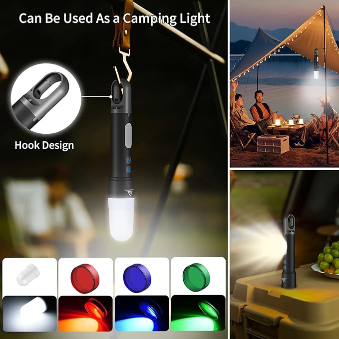 LED Flashlight Rechargeable, High Lumens Small Tactical Flash Light with COB Sidelight & Hook, Powerful Zoomable Handheld Flashlights for Camping, Dog Walking, Hiking, Emergencies, Home