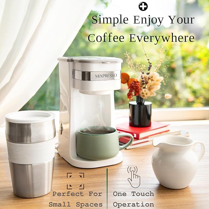 Mixpresso Personal Single Serve Coffee Maker & 14oz Travel Mug, Drip Small Coffee Maker & Tumbler, Auto Shut Off & Reusable Filter, White Coffee Maker Compatible with Coffee Grounds