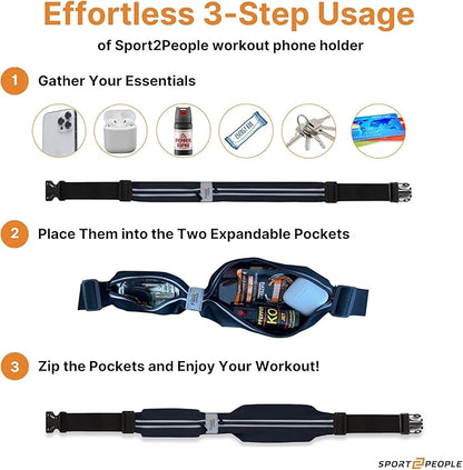 Slim Running Belt for Women and Men, Waterproof Phone Holder for Running, Reflective 2-Pocket Waist Pack for Storing Runner’s Essentials Safely, Runner’s Fanny Pack, Money Belt Fits Most Phones
