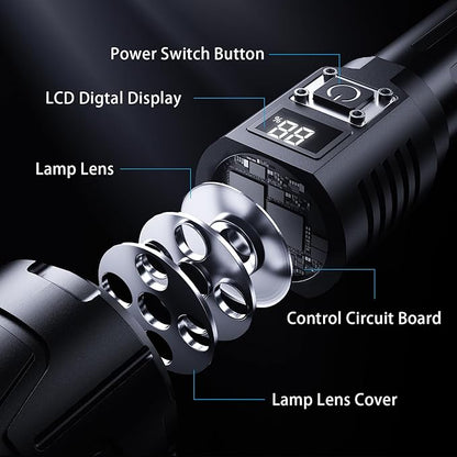 Rechargeable Flashlights High Lumens - 900000LM Super Bright Flashlight - High Power Flashlight with LCD Display, Zoomable, Waterproof, Handheld Flashlights for Emergencies, Camping - 2 Pack, Medium
