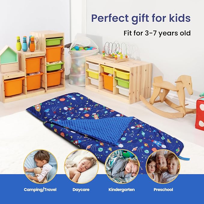 Kids Sleeping Bag Nap Mat with Removable Pillow and Blanket,Extra Thick Large 2 in 1 Slumber Bags for Boys Girls,Toddler Nap Mat for Preschool Daycare Travel Camping
