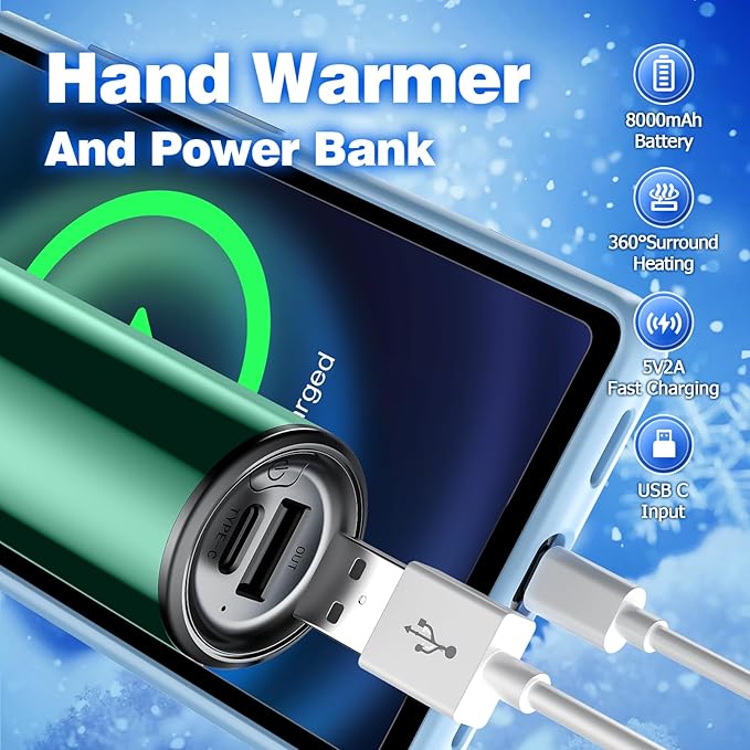 Hand Warmers Rechargeable, 1 Pack 8000mAh, Electric Portable Pocket Hand Warmer, 2 in 1 Hand Warmers and USB C Power Bank, Great Winter Warm Gifts for Ourdoor, Camping, Hunting, Girls