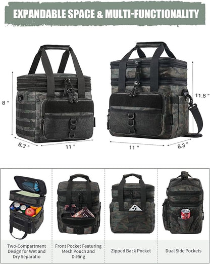 JOYHILL 18 L Tactical Lunch Box - Insulated, Leakproof, and Expandable Double-Deck Cooler Bag for Work, Camping, Picnic - Durable Black Lunch Bag for Adults,24 Can