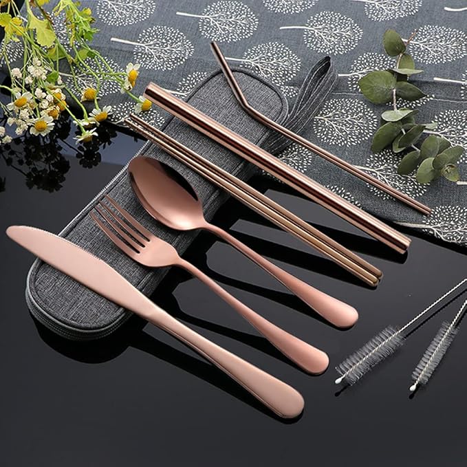 Portable Utensils Set,Reusable Travel Cutlery Set with Case Stainless Steel Flatware Set for Camping 8pcs Including Dinner Knife Fork Spoon Chopsticks Boba Straw (Rose gold)