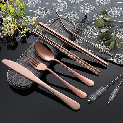 Portable Utensils Set,Reusable Travel Cutlery Set with Case Stainless Steel Flatware Set for Camping 8pcs Including Dinner Knife Fork Spoon Chopsticks Boba Straw (Rose gold)