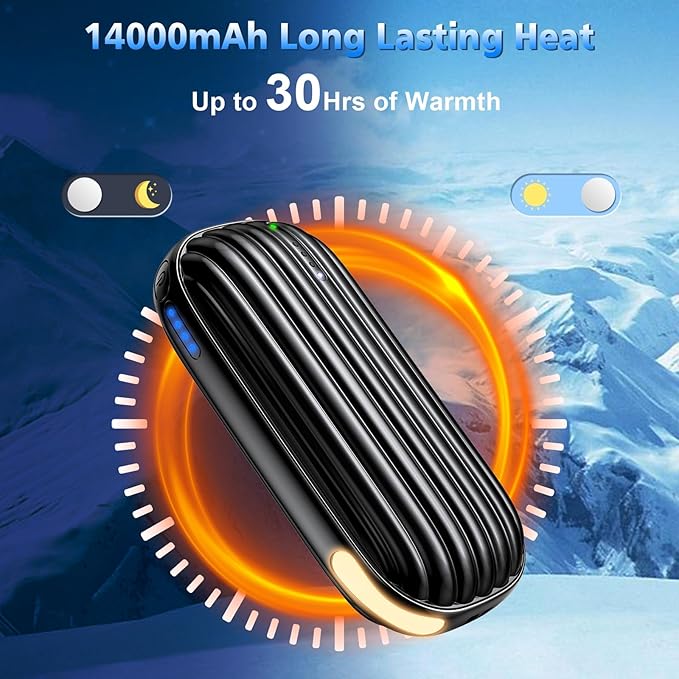 Hand Warmers Rechargeable - 14000mAh Rechargeable Hand Warmers 2 Pack, 15Hrs Warmth Heat Up to 131℉ with LED Light, USB Electric Heated Hand Warmers Reusable Power Bank for Golf, Raynauds, Camping