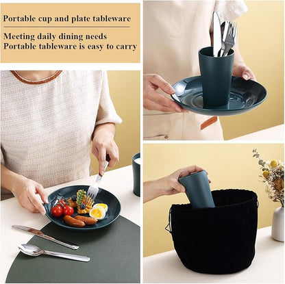 Camping Utensils Mess Kit, Including Camping Spoon, Fork, Knife, Plate and Cup Packed in a Portable Bag, Easy to Carry, Dishwasher Safe