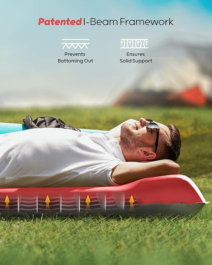 QPAU Sleeping Pad for Camping, Camping Mattress, 76''X26'', 4.7'' Extra-Thick Enhanced Support, with Built-in Foot Pump, for Camping, Hiking - Airpad, Backpacking and Home (Red+Dark Grey)