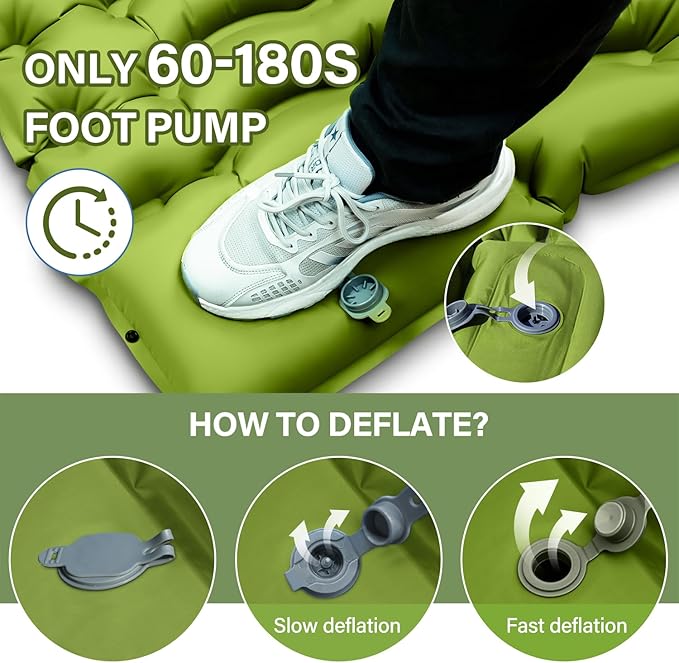 Double Sleeping Pad - Self Inflating 4" Extra-Thick for 2 Person with Pillow Built-in Foot Pump Inflatable Sleeping Mat for Backpacking, Hiking, Traveling, Tent, Portable Camping Mat