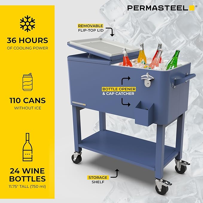 Permasteel 80-Qt Outdoor Patio Cooler with Removable Basin, Outside Beverage Cooler Cart, Rolling Cooler with Wheels and Handles, Azure Blue