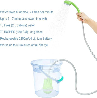 Portable Camping Shower, Outdoor Shower Head, Shower Pump, Rechargeable Battery, USB Charging Line, Pumps Water from Bucket, for Hiking, Pet Cleaning and Shower, Car Washing