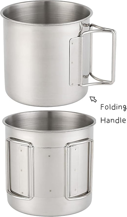 Stainless Steel Camping Mugs Outdoors Cup with Foldable Handle 2 Piece Set 660ml/22.3oz Great for Backpacking , Hiking, Hunting, Fishing and Survival Adventure