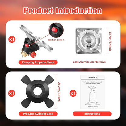 DOMINOX Portable Propane Camping Stove with Button Starter, 10,000 BTU Burner Propane Stove, Backpacking Stove with Precise Temperature Control for Camping & Hiking (Propane Tank Not Included)