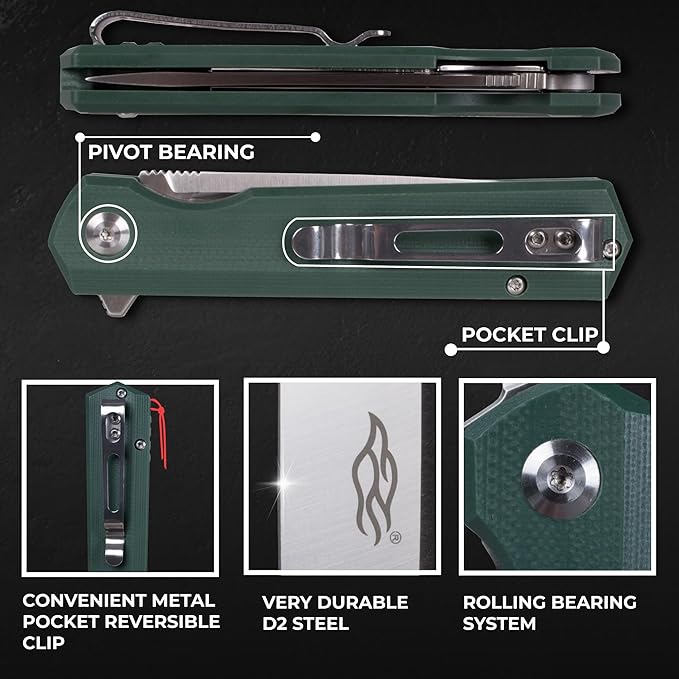 Firebird GANZO FH11 Top Pocket Folding Knife D2 Steel Blade Anti-slip G10 Handle with Clip Hunting Gear Fishing Camping Outdoor Folder EDC Pocket Knife (Green)