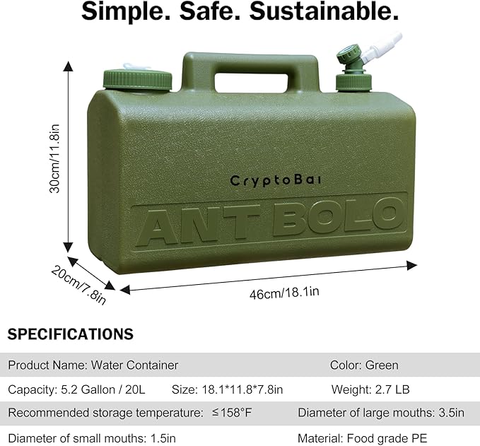 5.2 Gallon BPA Free Water Jug for Camping, Leak-Proof Portable Emergency Water Container with Spigot, Perfect for Outdoor Hiking, Picnic Supplies - Green
