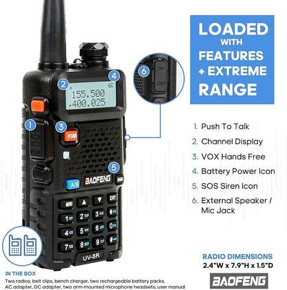 BAOFENG Radio UV-5R 2Pack with 3800mAh Extended Battery and USB Charger Cable, Rechargeable Handheld Ham Radios Long Range (VHF & UHF) with High Gain Antenna and Programming Cable (2Pack)