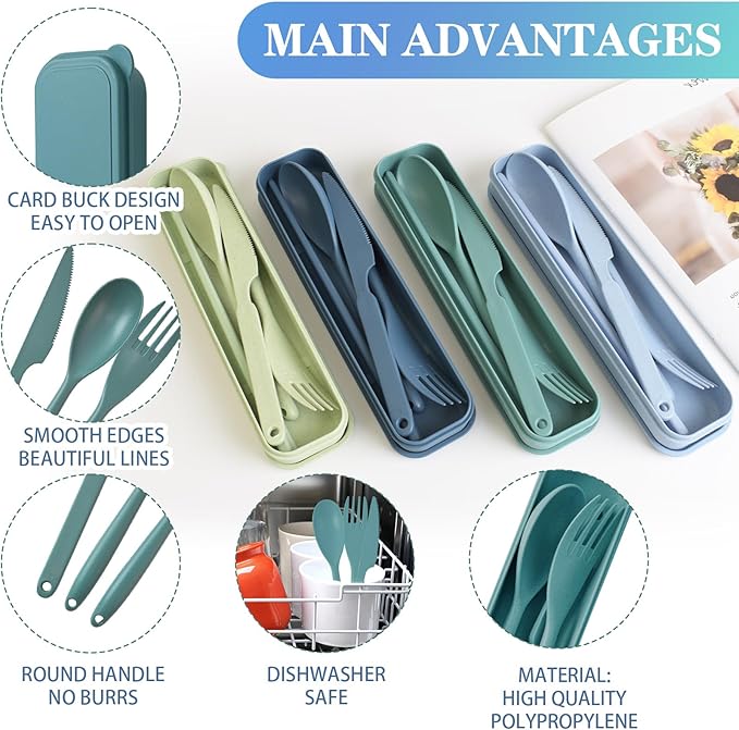Large Reusable Utensils Set with Case, 4 Sets Travel Utensil with Chopsticks, Portable Plastic Cutlery Set Fork Spoons Knife Set for Adult Lunch Accessories, Camping Flatware