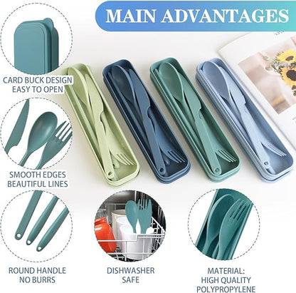 Large Reusable Utensils Set with Case, 4 Sets Travel Utensil with Chopsticks, Portable Plastic Cutlery Set Fork Spoons Knife Set for Adult Lunch Accessories, Camping Flatware