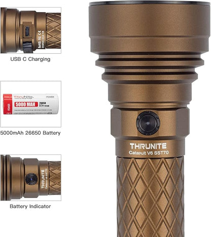 ThruNite Catapult V6 Rechargeable Search Flashlight SST70 LED, Outdoor Spotlight for Hunting, Camping, Hiking (Desert Tan Cool White)