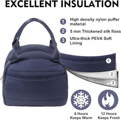 Lunch Bag Lunch Box for Women Men Adult Insulated Cute Small Quilted Puffer Lunchbox Reusable Thermal Lunch Cooler Tote Bag for Work, Picnic or Travel-Navy