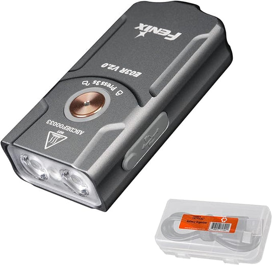Fenix E03R v2.0 Keychain Flashlight, Grey, 500 Lumen Bright USB-C Rechargeable EDC with Red LED and Lumentac Organizer (Grey)